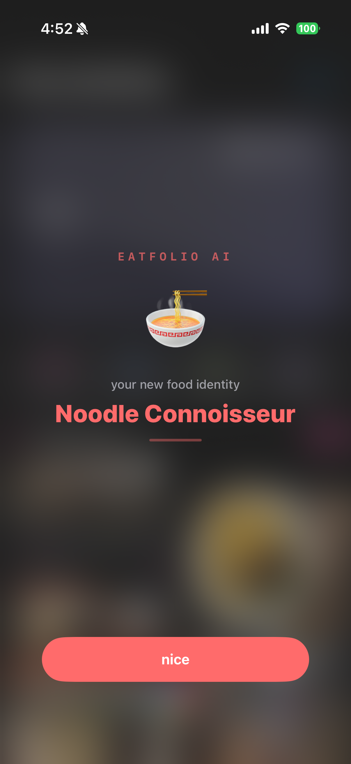 AI taste reveal showing Noodle Connoisseur title