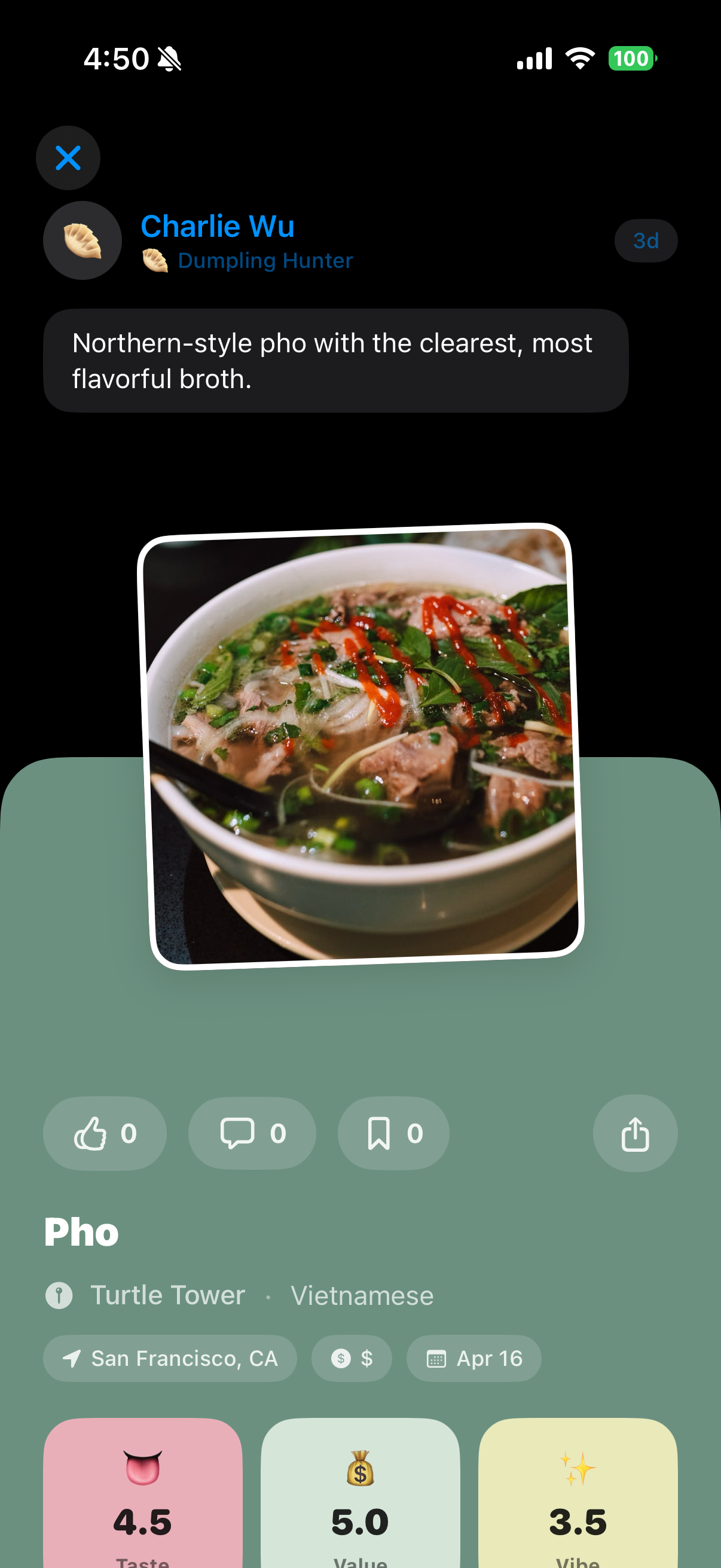 Dish review screen showing ratings for Pho