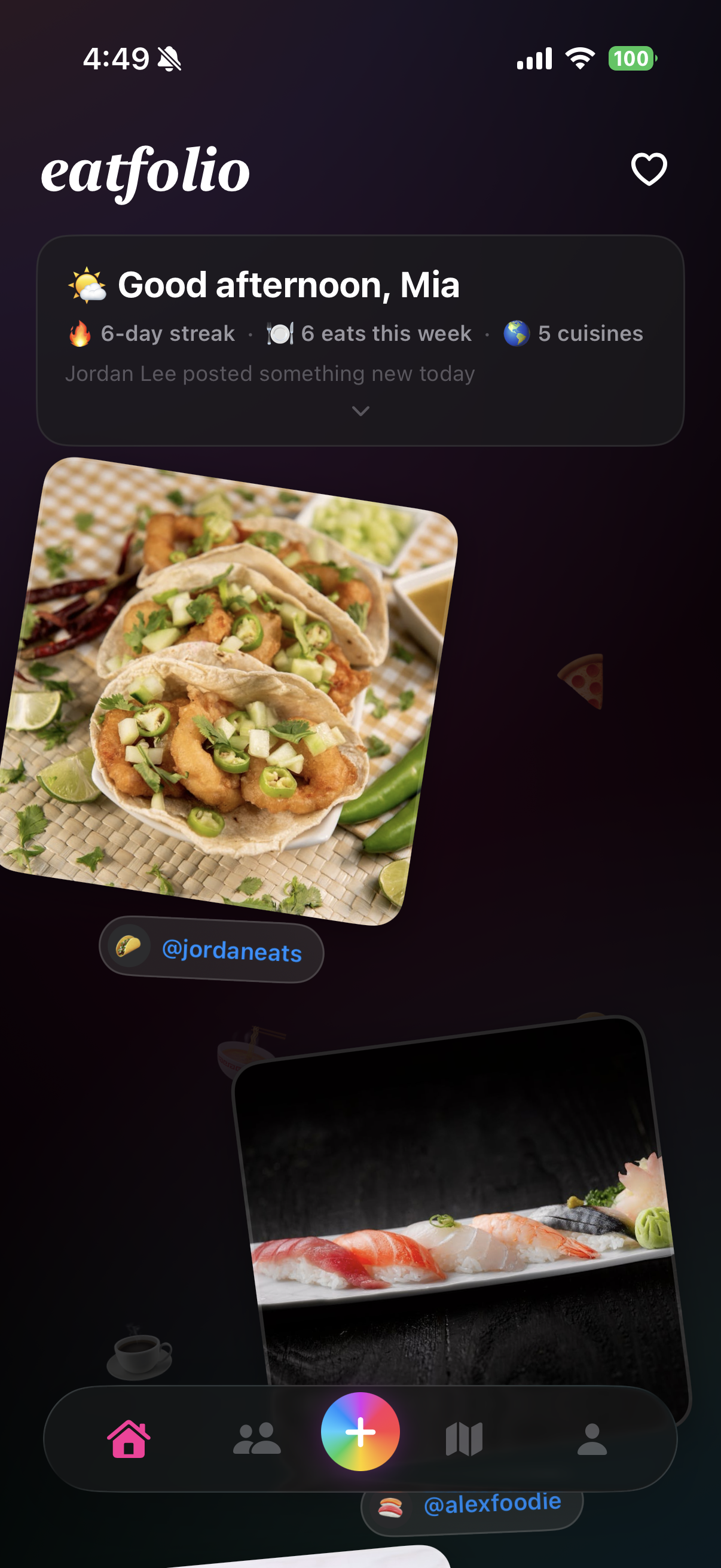 Eatfolio feed showing dish reviews from friends