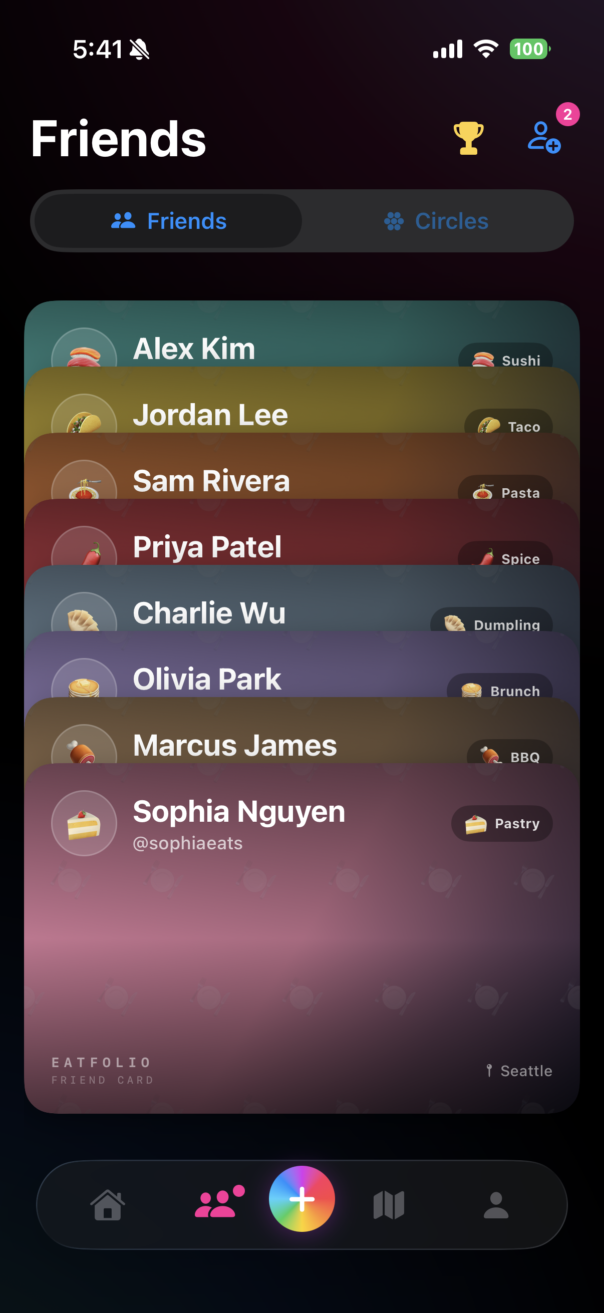 Friends list with colorful stacked cards