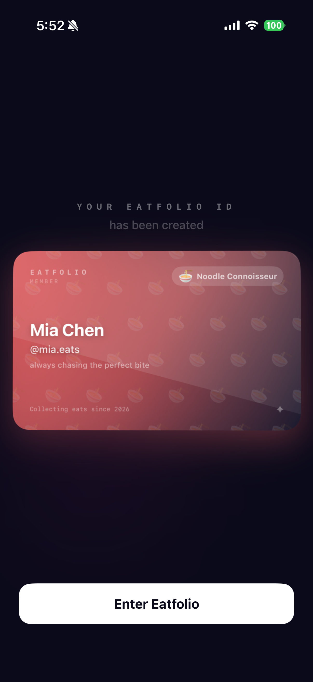 Eatfolio ID card for Mia Chen