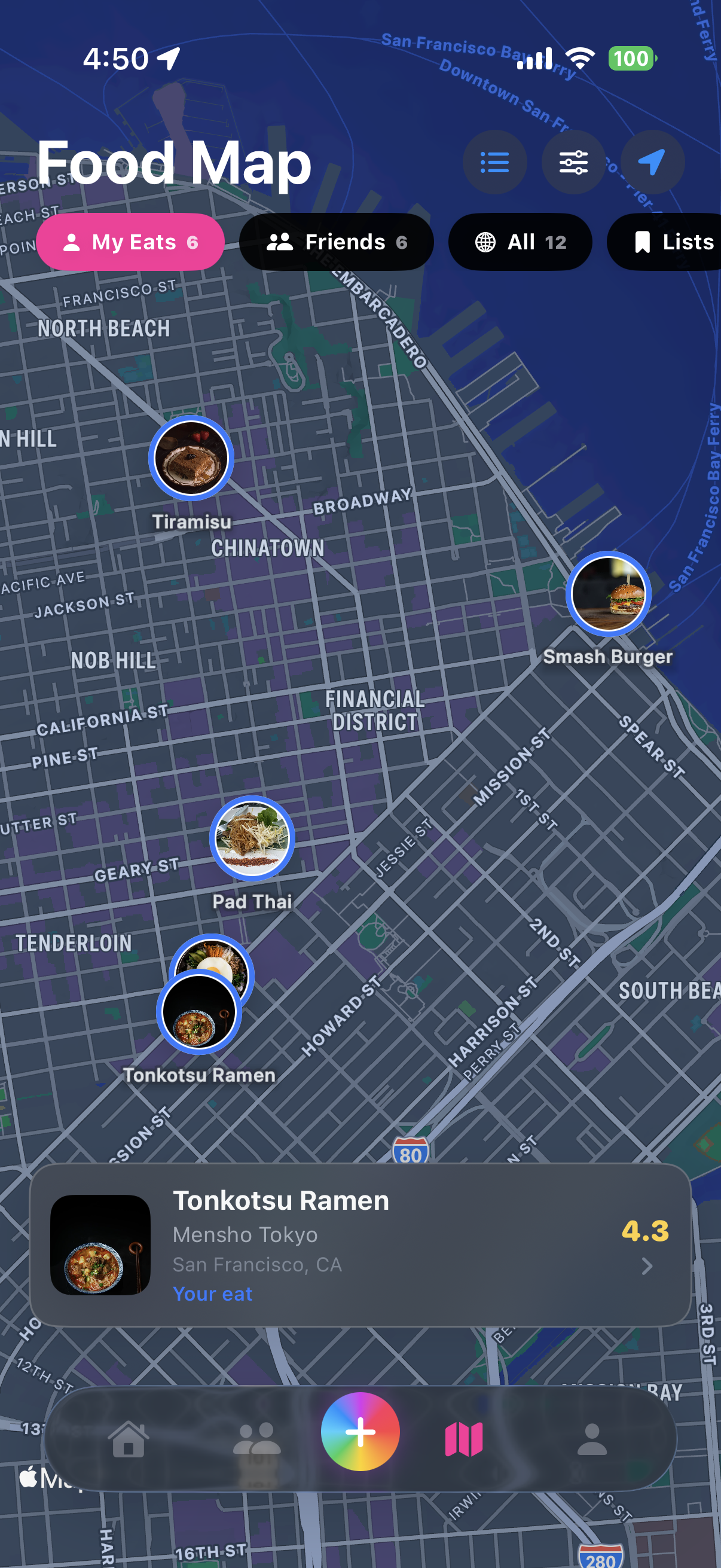 Food map showing dish pins across San Francisco