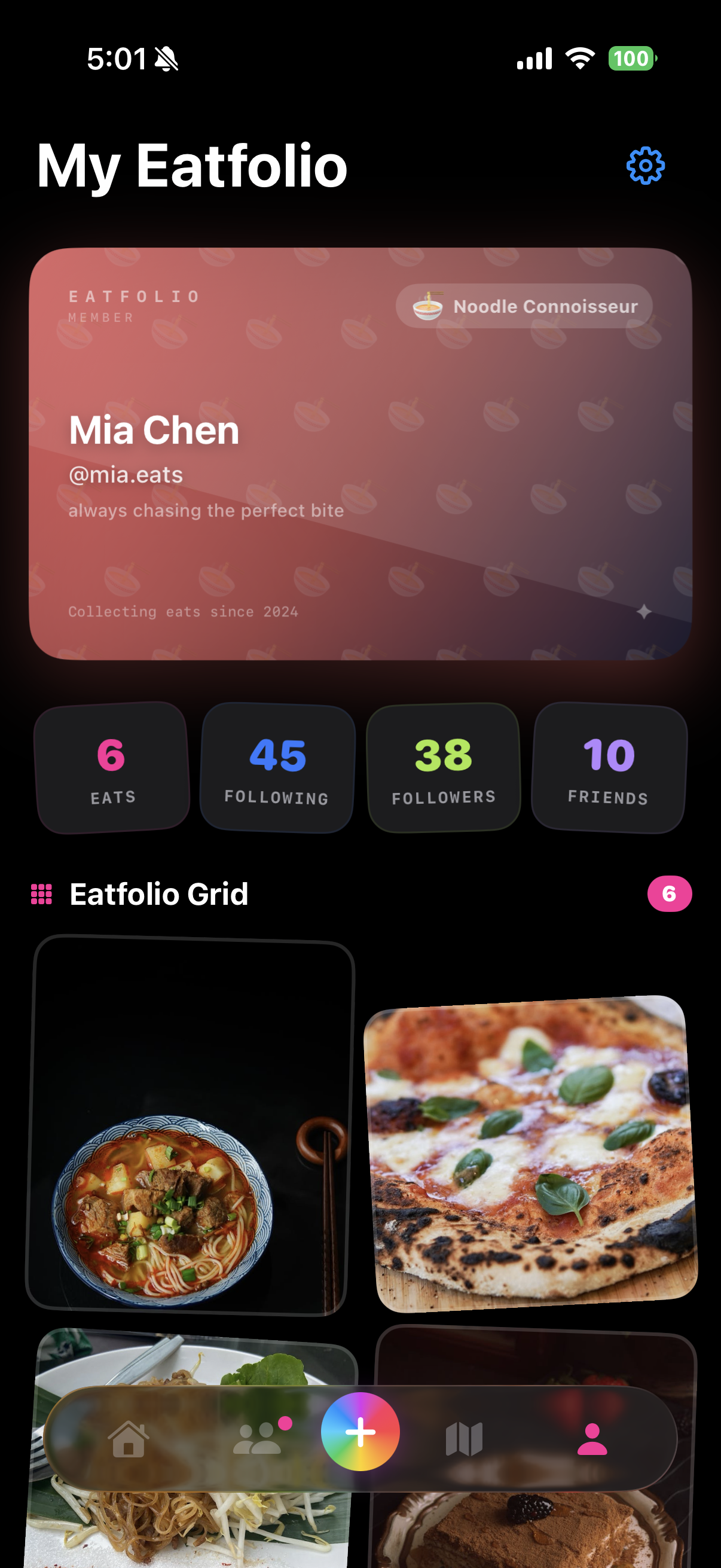 Profile showing stats, tier, and food grid